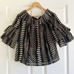 Boston Proper Black Gold Metallic Geometric Patterned Off The‎ Shoulder Top XS